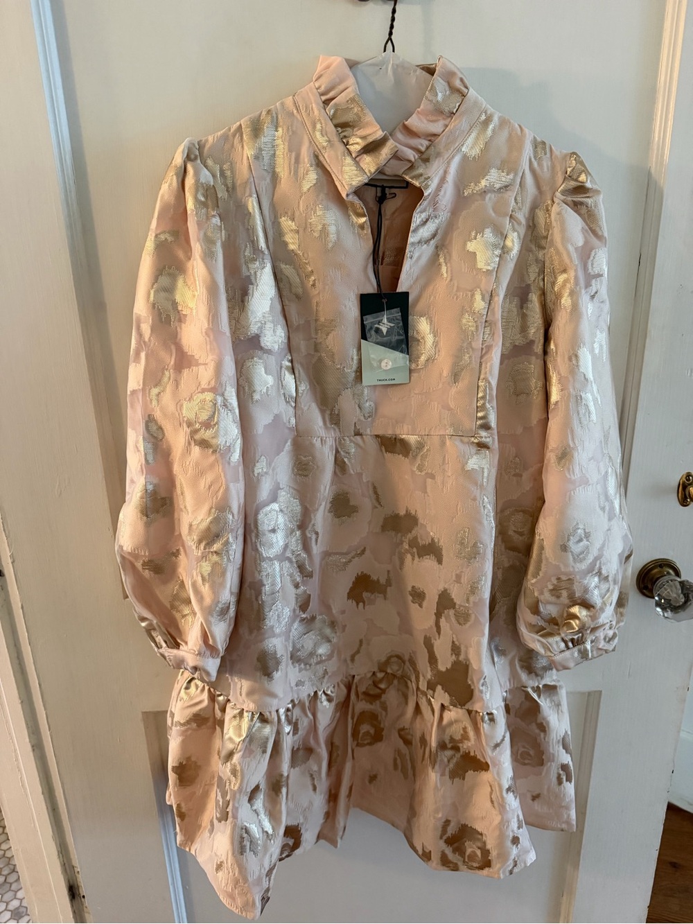 Tuckernuck Cream Metallic Jacquard Tiered Dress with Puff Sleeves
